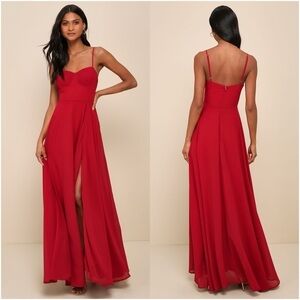 LULU’S Cause For Commotion Red Pleated Bustier Maxi Dress